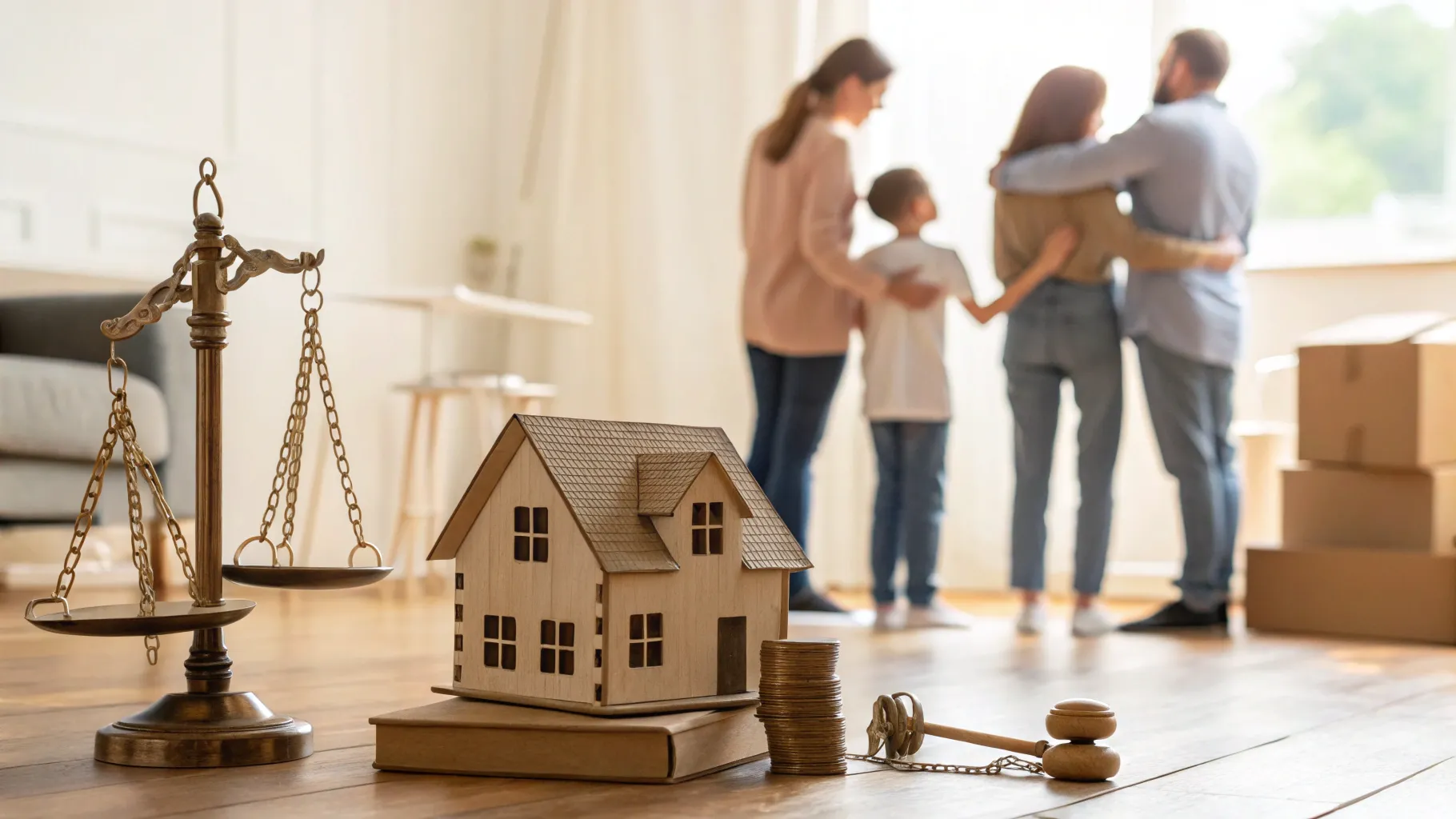 家族が住宅購入と賃貸を天秤にかけて悩む様子、家のミニチュアと段ボール箱、上がる金利を示すコインの波で金利リスクと125%ルールを象徴