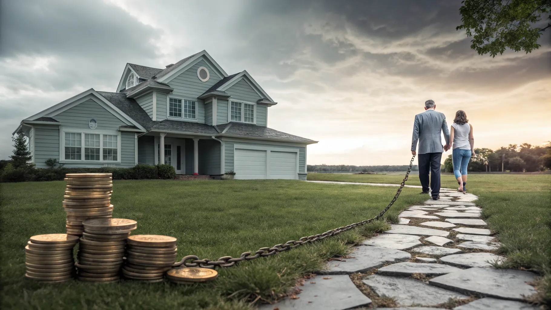 長期ローンのリスクと安全な選択を対比したイラスト：重いカレンダーと硬貨で傾く家の左側と、アドバイザーに導かれ陽光の家へ向かう穏やかな右側