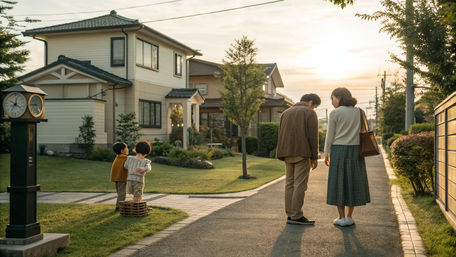 若い家族が分岐点で新築とリノベ済み中古を見比べ、手前の秤に家と硬貨が置かれて選択の金銭的側面を示す夕暮れの情景