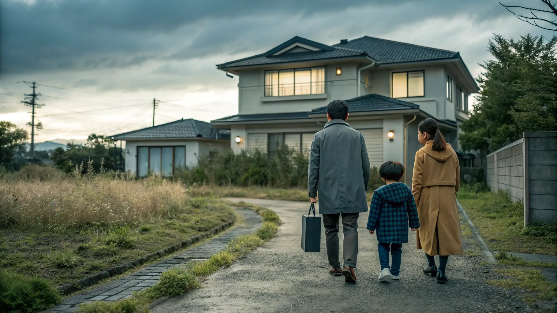 30代の家族が2つの道の前で選択する場面。左は重いローンを象徴する暗い大きな家と鎖、右は贈与型賃貸を象徴する温かな小さな家と鍵を差し出す隣人。希望に満ちた暖かな光。