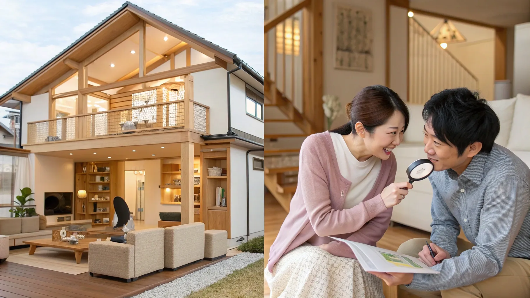 モデルハウスの華やかな室内と、断面で見える柱・断熱・配管・基礎などの“見えない部分”を対比したリアルなイラスト。カップルと専門家が構造を確認している場面。