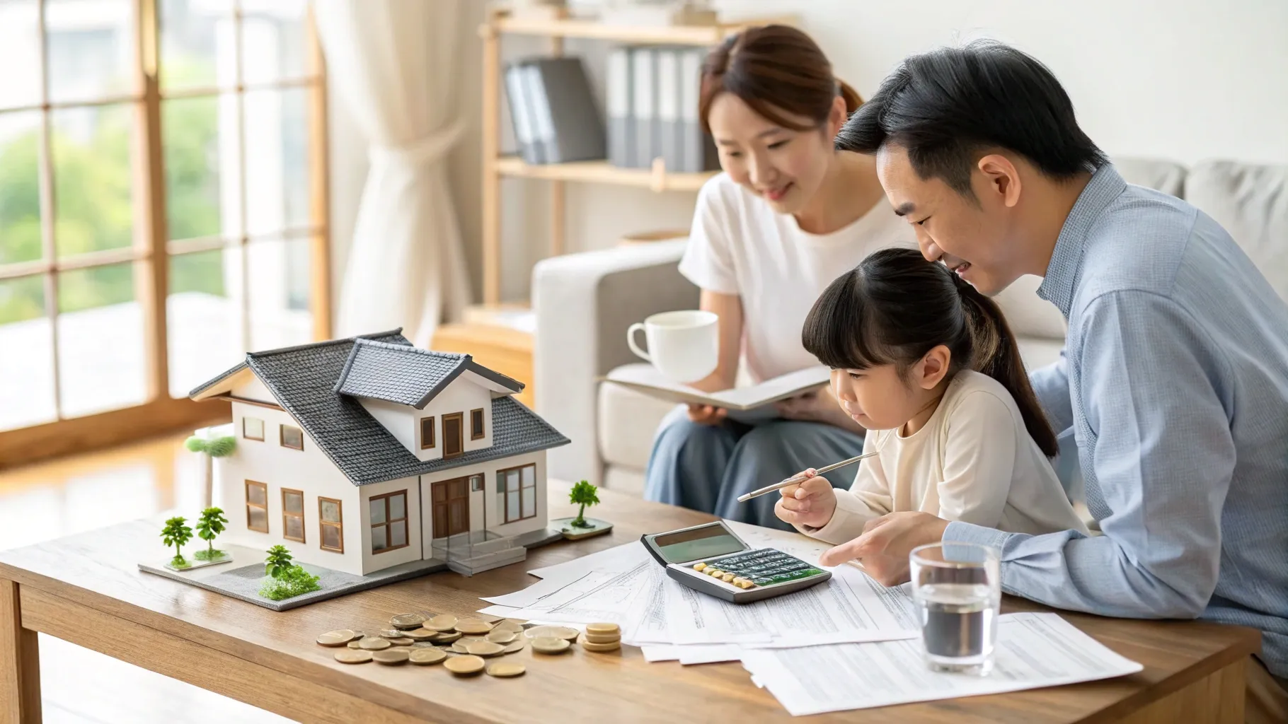 リビングで住宅模型と電卓を前に、住宅ローンと賃貸の選択を悩む30代の夫婦と子どもたちの様子