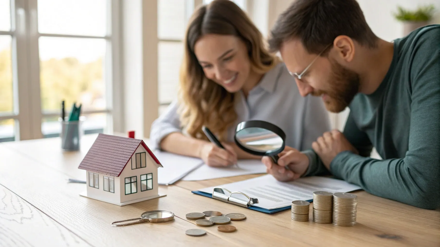 贈与型賃貸の契約書を夫婦と担当者が確認する場面。ルーペで小さな文字を拡大し、家の模型、鍵、カレンダー、硬貨が並ぶ慎重で安心感のある室内光景。