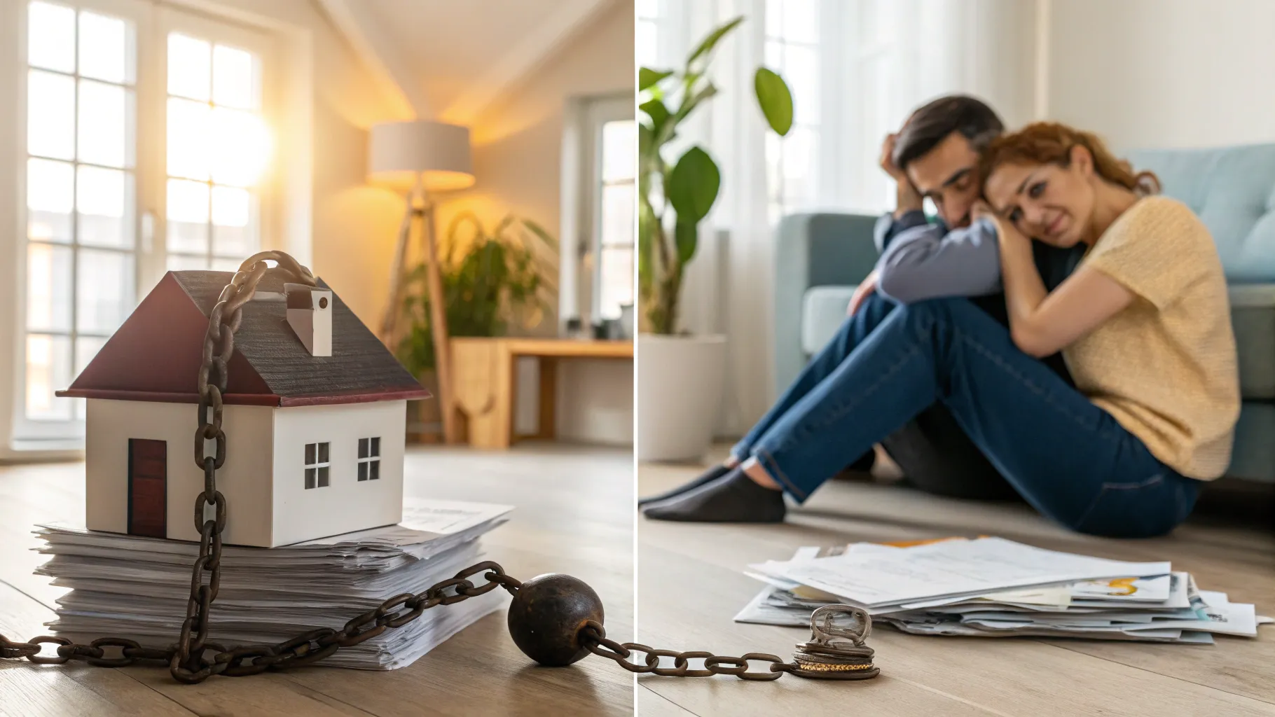 左に長期ローンや書類に追われ疲れた表情の家族と暗い狭い住まい、右に陽光と植物のある明るく余裕のあるリビングで笑顔の家族を対比した写真風の二分割イメージ。どちらも同一の家族を描き、暮らしの重さと余裕の違いを表現している。