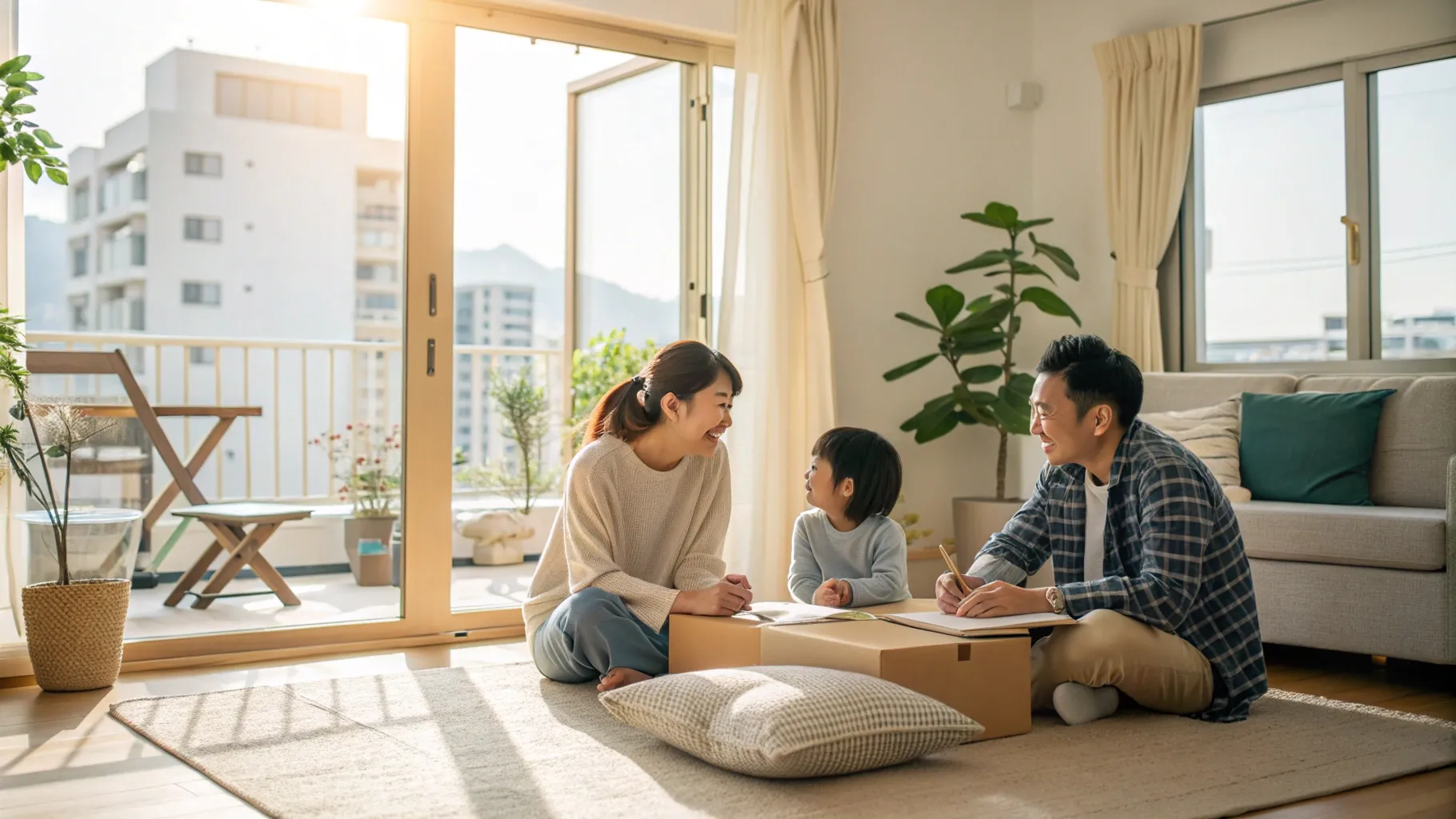 贈与型賃貸を選び心に余裕が生まれた若い家族。明るいリビングで笑顔で談笑する夫婦と子ども、窓から差し込む柔らかな日差し、観葉植物と片付け途中の箱がある落ち着いた暮らしの風景。