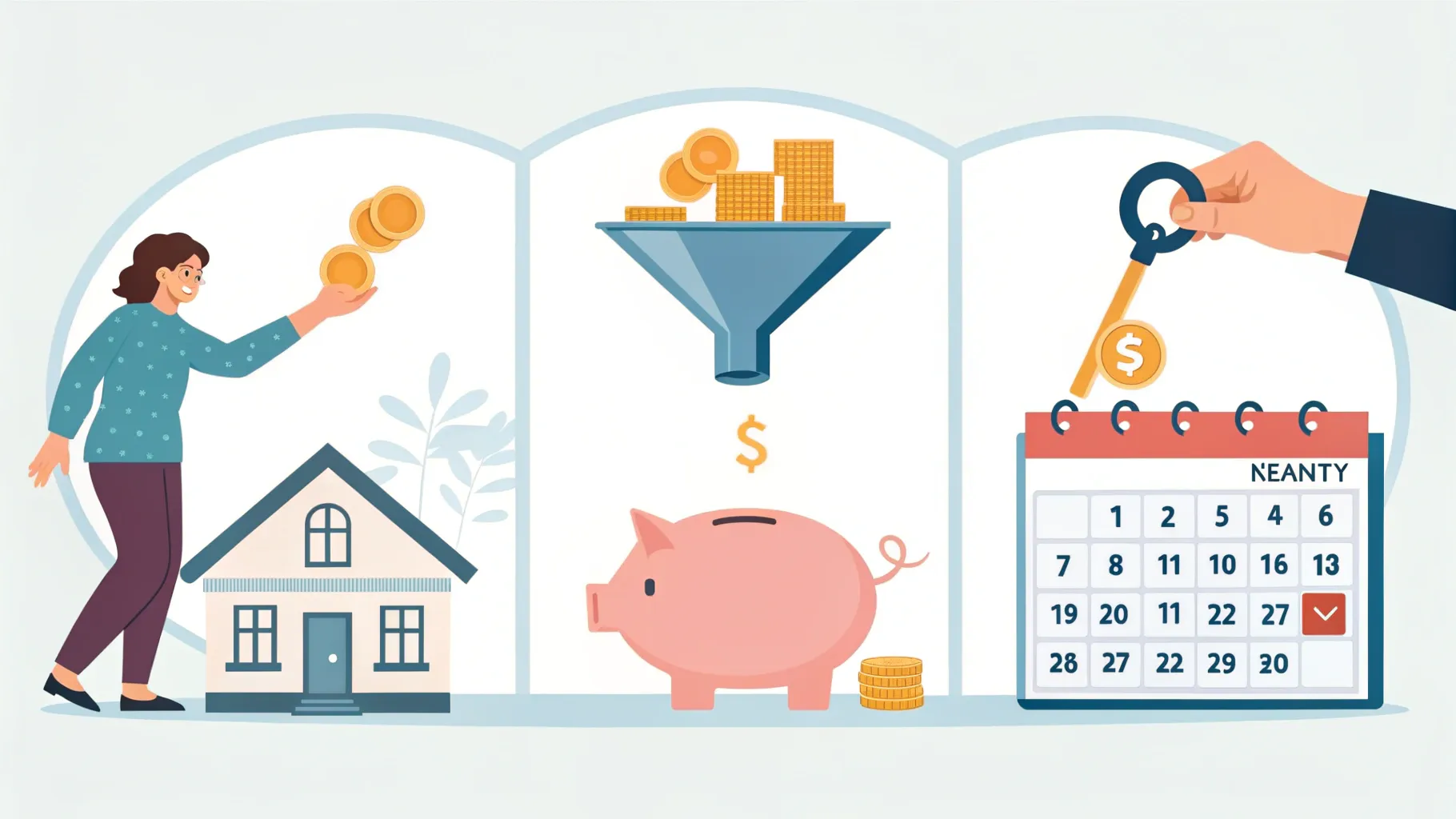 賃料が積み立てられ、長期後に建物が譲渡される流れを三段で示したフラットなイラスト（文字なし）