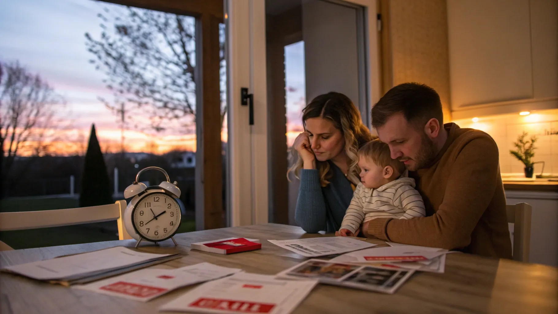 キャンペーンに急かされ悩む家族。夕暮れのダイニングで書類や赤いタグ風チラシ、時間を示す時計を前に考え込む夫婦と幼児、窓の外のそよぐ小さな木が対照的な情景。