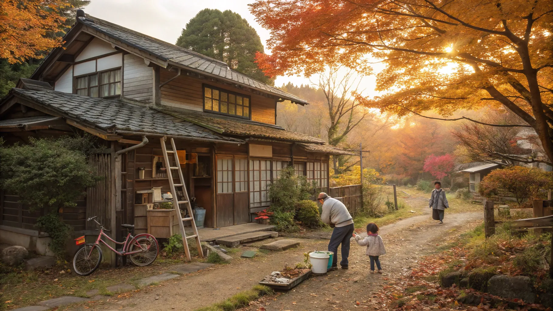 秋の柔らかな光の下、古い空き家を地域と家族が手入れして引き継ぐ風景。父母と子ども、近隣住民が庭や玄関で手を貸し合う温かな場面。