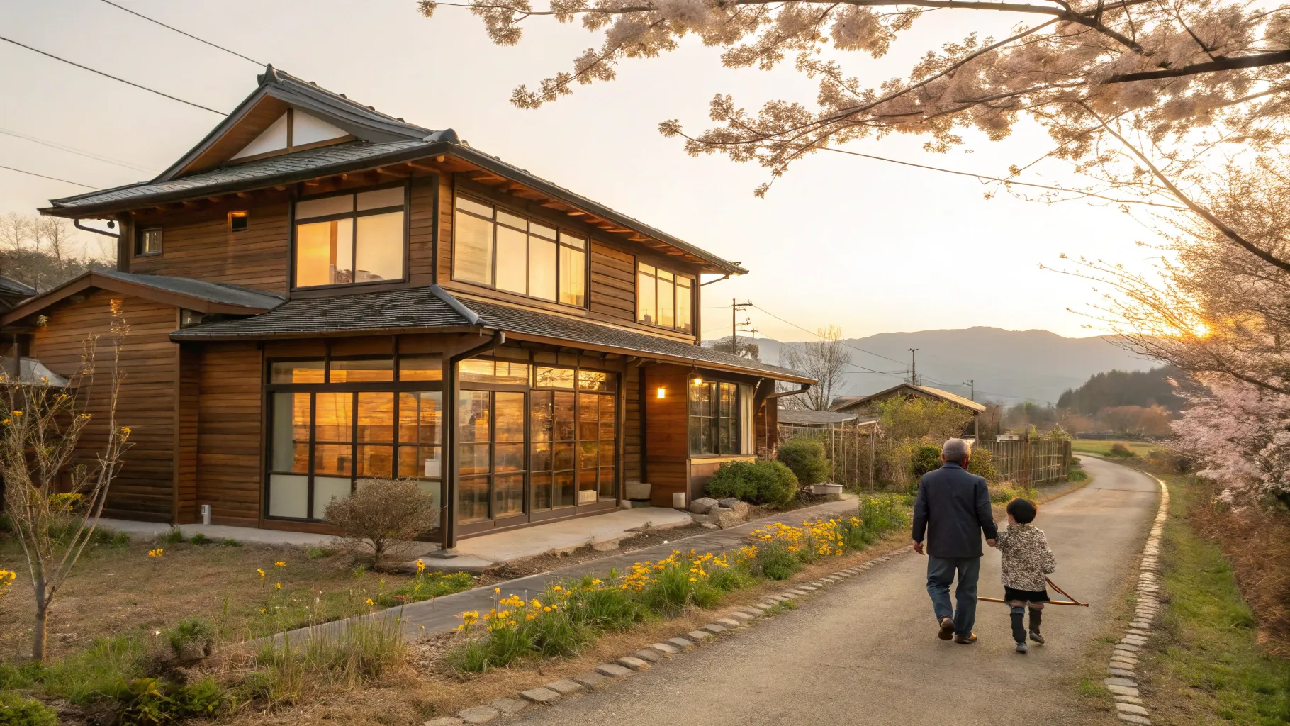 贈与型賃貸住宅でリフォームされた田舎の木造住宅の前で笑顔の家族が鍵を受け取る温かい光景