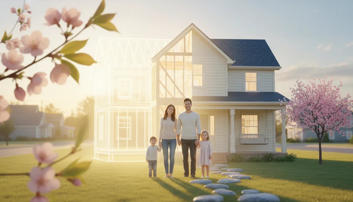 Family of four in front of a house transforming from blueprint to finished home with cherry buds