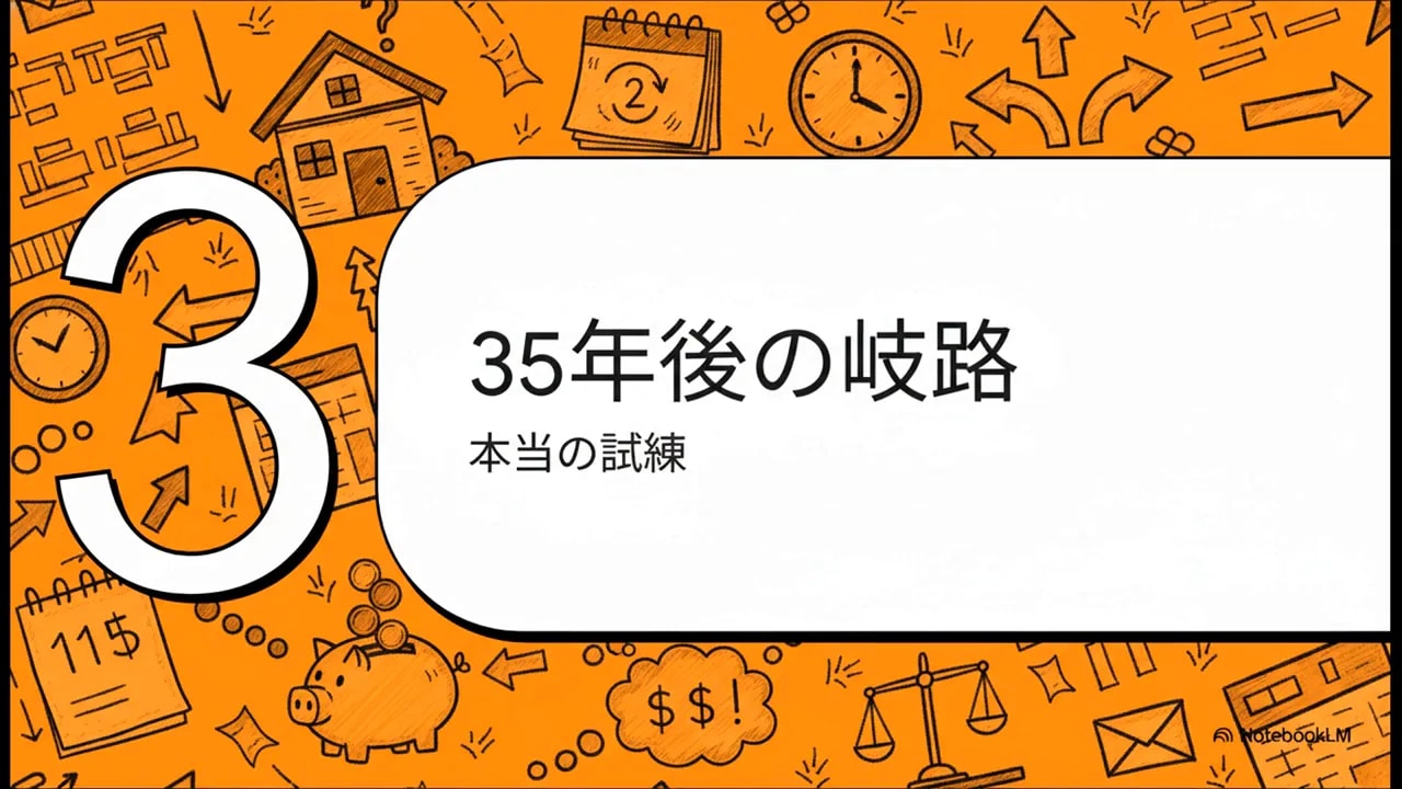 プレゼン用スライド「35年後の岐路　本当の試練」。残価設定型住宅ローンの将来の選択を示すオレンジ背景の図解スライド。