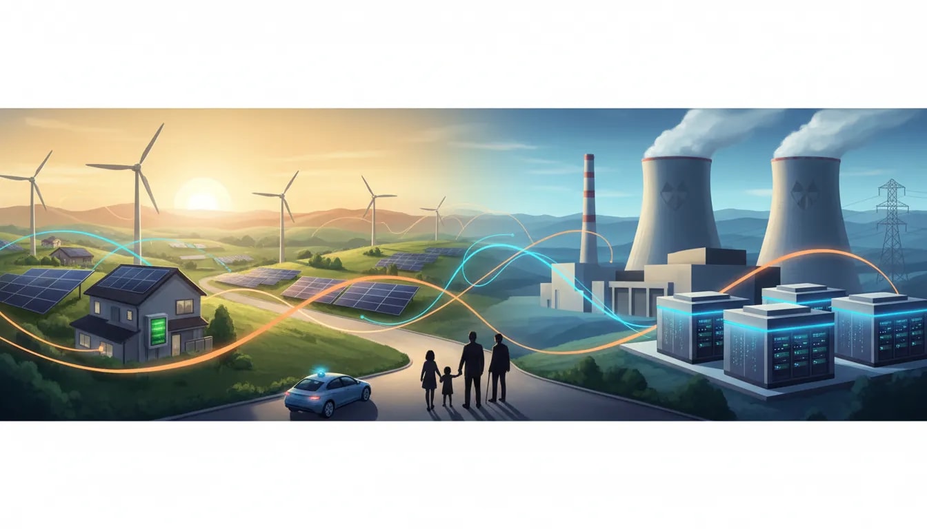 AI時代の電力需要とエネルギー政策の対比を示す横長イラスト。データセンターや自動運転車のテック風景、太陽光パネル・風力発電と家庭用蓄電池、原子力発電所が描かれ、空間をつなぐ光のエネルギー流の前で政策の選択を考える人々のシルエット。衆院選のエネルギー政策比較を連想させる温かく読みやすいビジュアル。