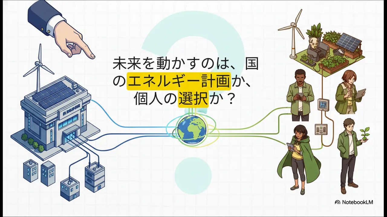 発電所のイラストと市民のイラストを結ぶ線と、中央に『未来を動かすのは、国のエネルギー計画か、個人の選択か？』と書かれた高解像度のスライド画像。