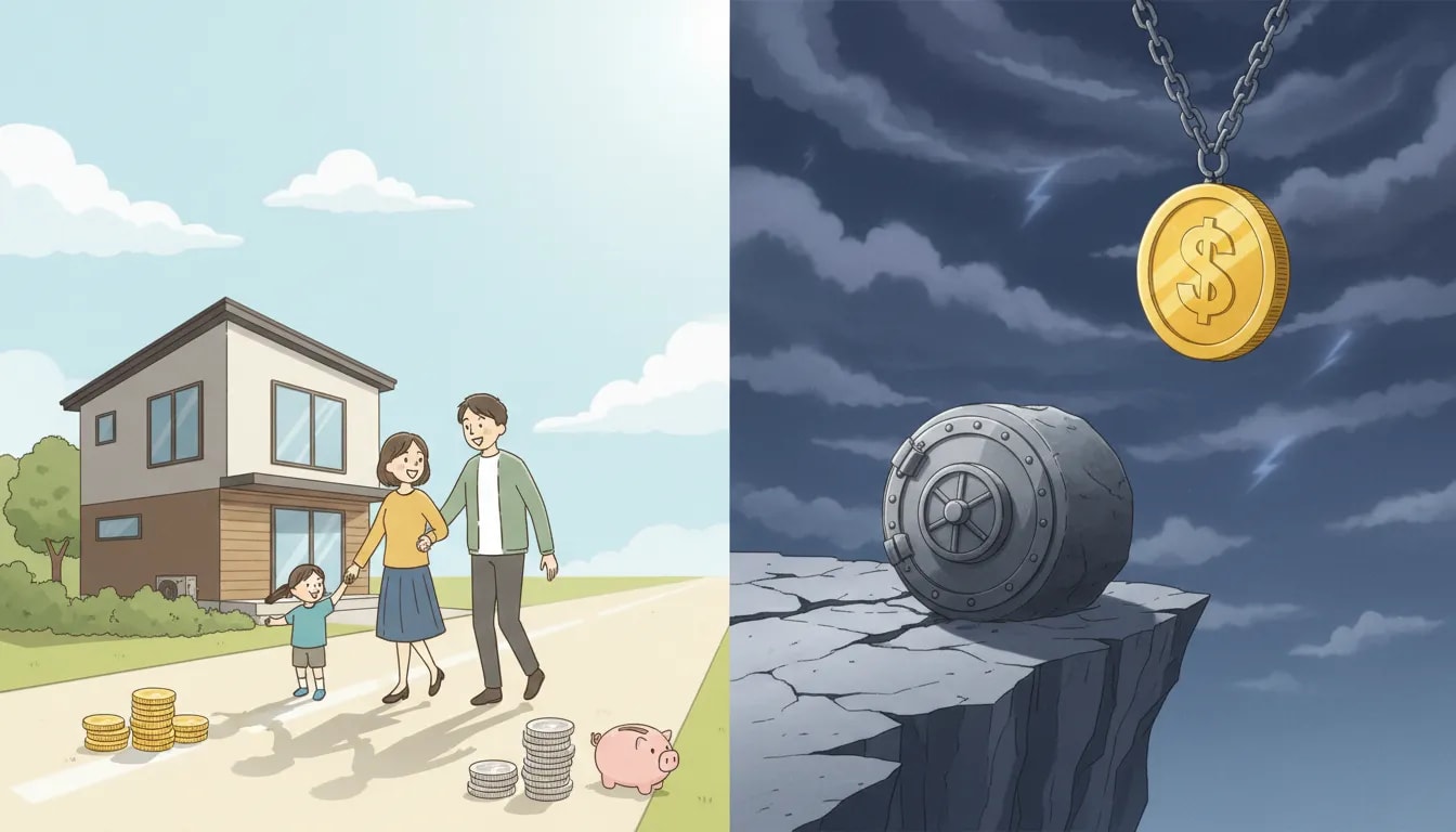 残価設定型住宅ローンの利点とリスクを対比した挿絵：左に月々の支払いが軽く新築で微笑む若い家族、右に将来の一括返済を示す崖と大きな金庫の象徴