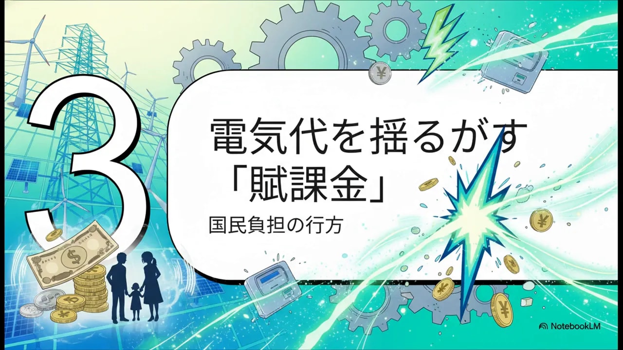 スライド：大きな数字の3と共に「電気代を揺るがす『賦課金』 国民負担の行方」と書かれ、コインや家族のシルエット、電力量メーターが描かれた説明用イラスト。
