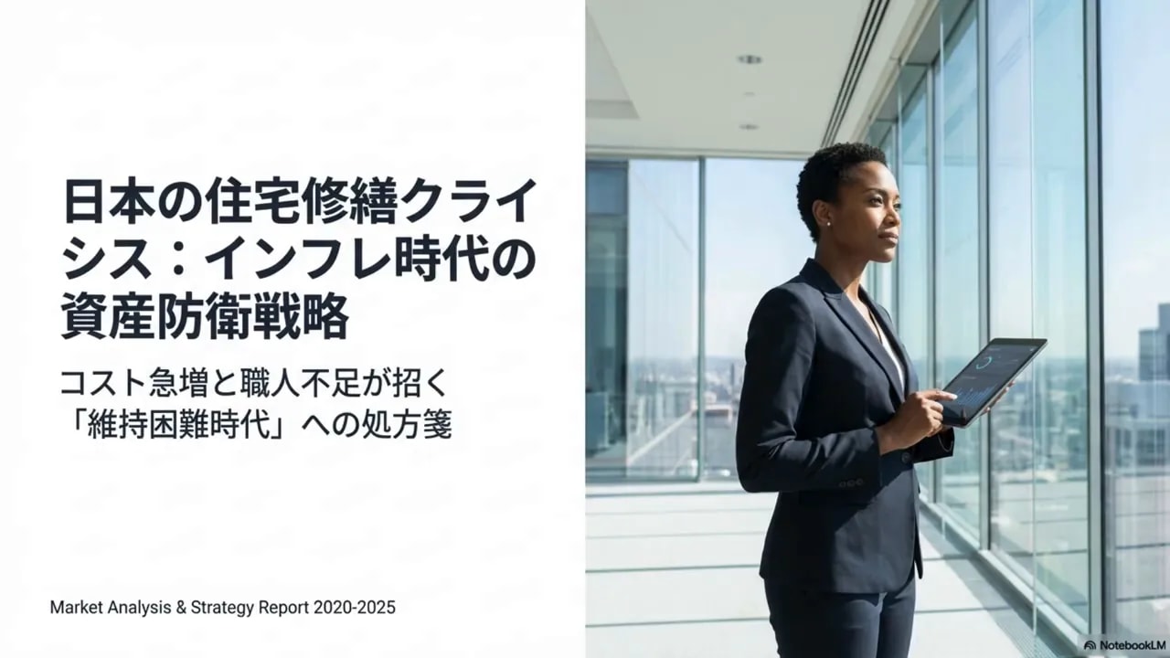 日本の住宅修繕クライシスと資産防衛戦略を示すスライド。右側に窓際でタブレットを持つ人物の写真。