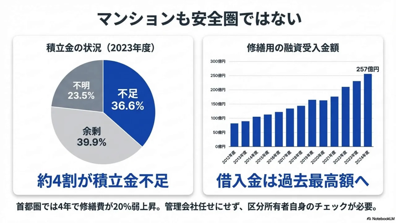 積立金の状況（不足36.6%）を示す円グラフと、修繕用融資受入金額が年々増加し2024年度に257億円になっている棒グラフのスライド