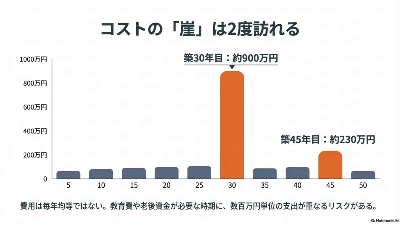 グラフ：修繕費の山（築30年：約900万円、築45年：約230万円）
